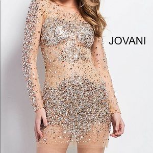 JOVANI sheer gold crystal long sleeve dress